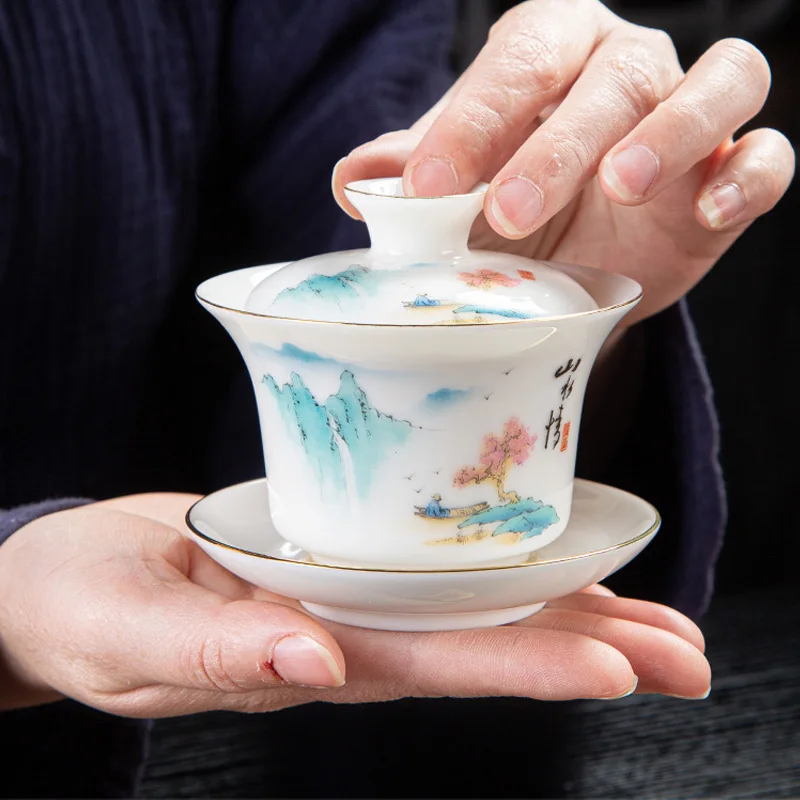 Mutton-fat Jade White Porcelain Sancai Gaiwan Color Enamel Cover Bowl Lid Saucer Handmade Tea Tureen Teaware Sets 160ML HMLOVE