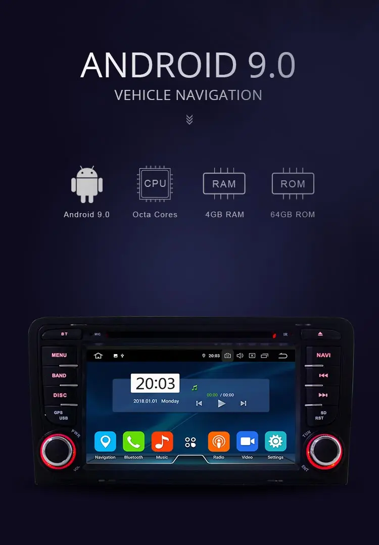 Sale JDASTON Android 9.0 Car Multimedia Player For Audi A3 S3 GPS Navigation Stereo 2 Din Car Radio WIFI DVD CD 4G+64G Octa Cores RDS 0