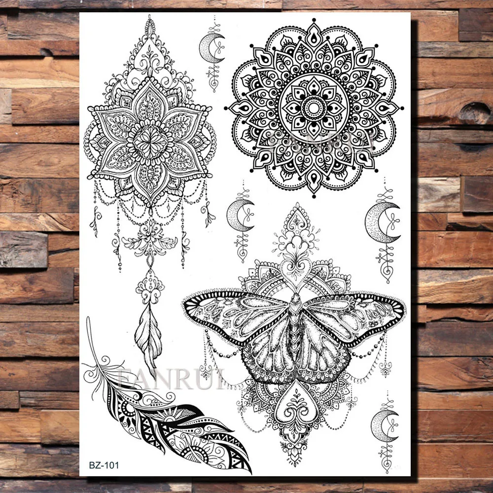 FANRUI Ловец снов черная хна временная татуировка наклейка Mehndi слон Хамса рука поддельные татуировки водонепроницаемый боди-арт Пользовательские Татуировки