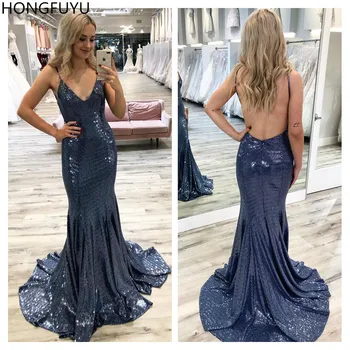 

HONGFUYU Backless Evening Dresses Long Robe De Soiree Spaghetti Straps Metallic Stretch Sequins Formal Dress Prom Gowns Train