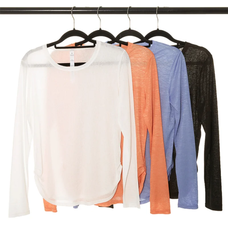 Women Long Sleeve Yoga Shirt Side Pleated Loose Workout Gym Top Breathable Quick Dry, yoga top,yoga shirt,sports shirt,sports t shirt
