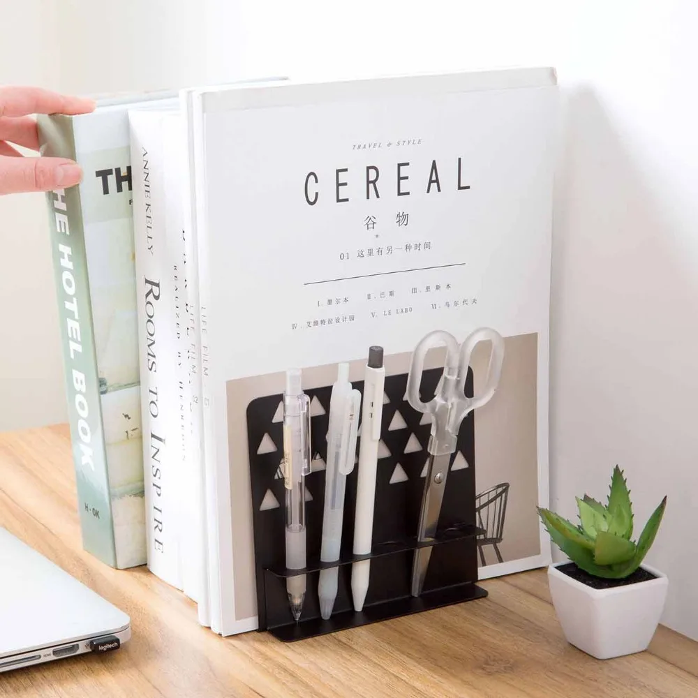 

1Pcs Creative Bookend Metal Office Home Bookcase Bookends With Pen Holder