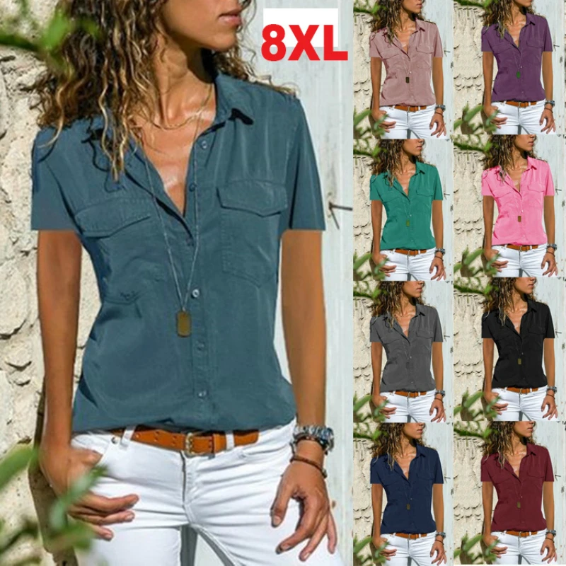 Venta Blusa de manga corta S-8XL para verano, Camisa lisa con botones para mujer, corte ajustado, talla grande LWyKb9XRj