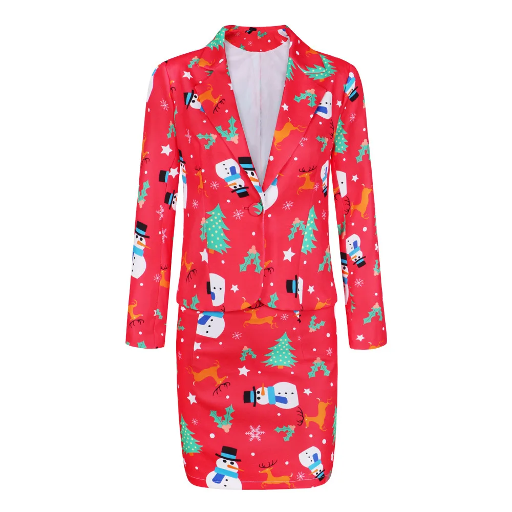 Осенне-зимний женский костюм с юбкой, Рождественский жакет с принтом, маленький костюм, Модный комплект, Женский блейзер, юбка, комплект из 2 предметов, юбка, куртки - Цвет: A