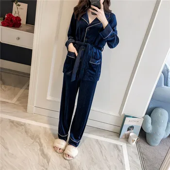 

Sexy Pajamas Set Women 2PCS Velour Sleepwear Casual Lounge Autumn New Sleep Suit Pyjamas Nightwear Soft Top&pants With Belt