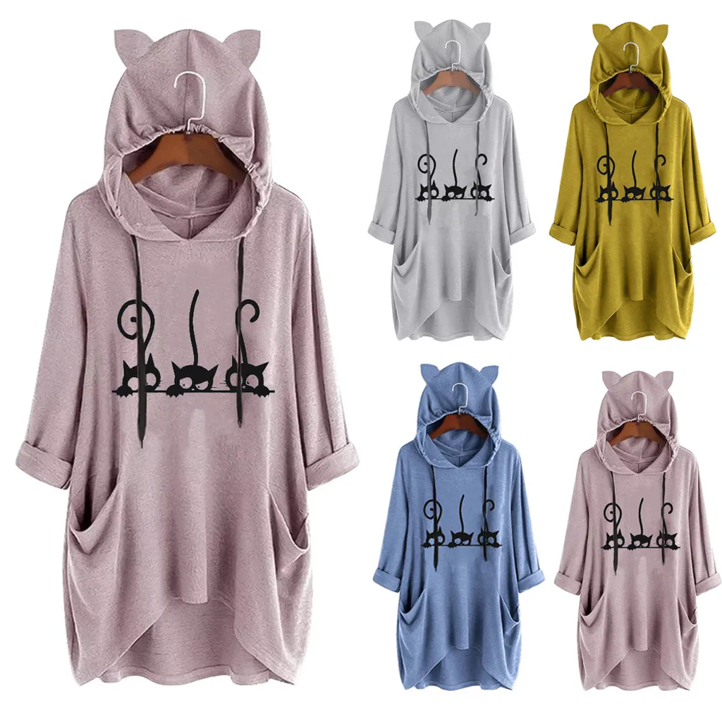

Womens Tops Blouses Autumn 2019 Print Cat Hooded Sweatshirt Long Sleeves Pocket Irregular Top Blouse Shirt