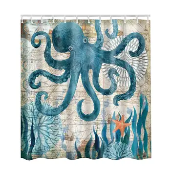 

Kraken Shower Curtain Set, Vintage Nautical Octopus Shipwreck Unique Artsy Colorful Picture 3D Digital Printing, Waterproof