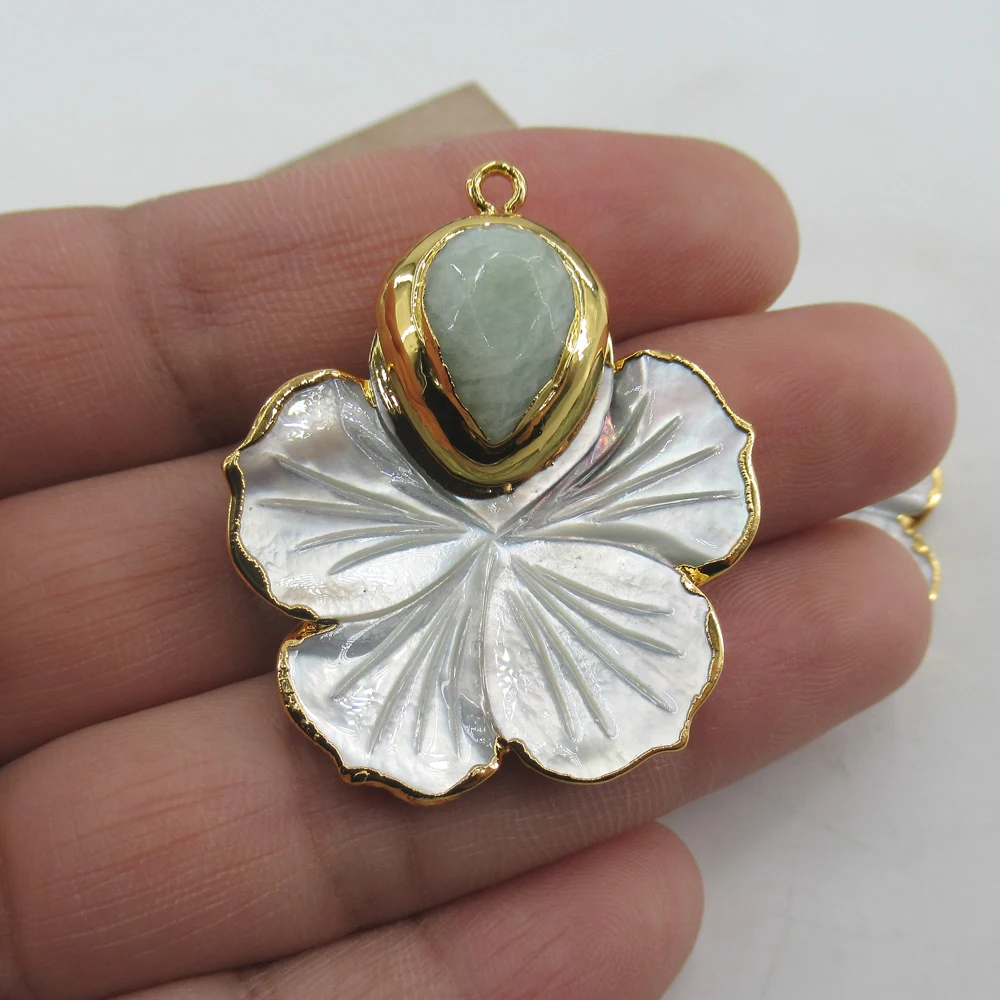 APDGG 1PC Natural Carved White Shell Flower Amazonite Pendant Charm Electroplated woman fashion Jewelry