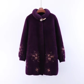 

Middle-aged Mother Mink Cashmere Overcoat New Autumn Winter Medium-long High Collar Long Sleeve Knitted Cardigans Outwear