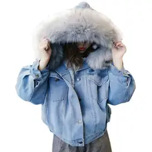 Jacket NEW Winter Thick Jean Jacket Faux Fur Collar Fleece Hooded Denim Coat Female Padded Warm Denim Outwear