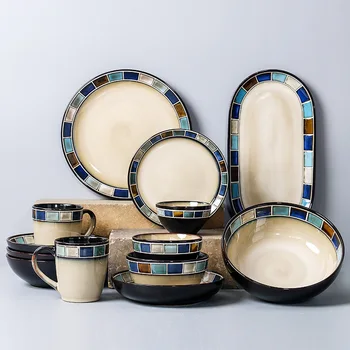 

American Ceramics Dishes Set Mosaic Stripes Decoration Steak Plate Kiln Change Glaze Process Large Household Salad Bowl