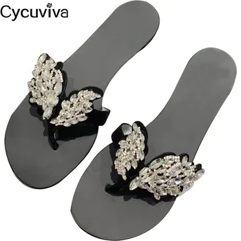 

Rhinestone Wing Fip Flop Flat Slippers Women Black Crystal Sandals Women Diamond Summer Beach Shoes Woman Mules Designer Slides
