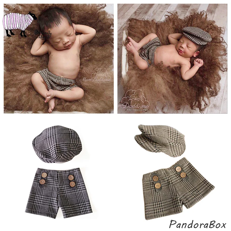 

Newborn Photography Props Cap Clothes Sets Infant Baby Boys Photo Shoot Plaid Gentleman Hat+Pants Outfits foto Shooting Costume