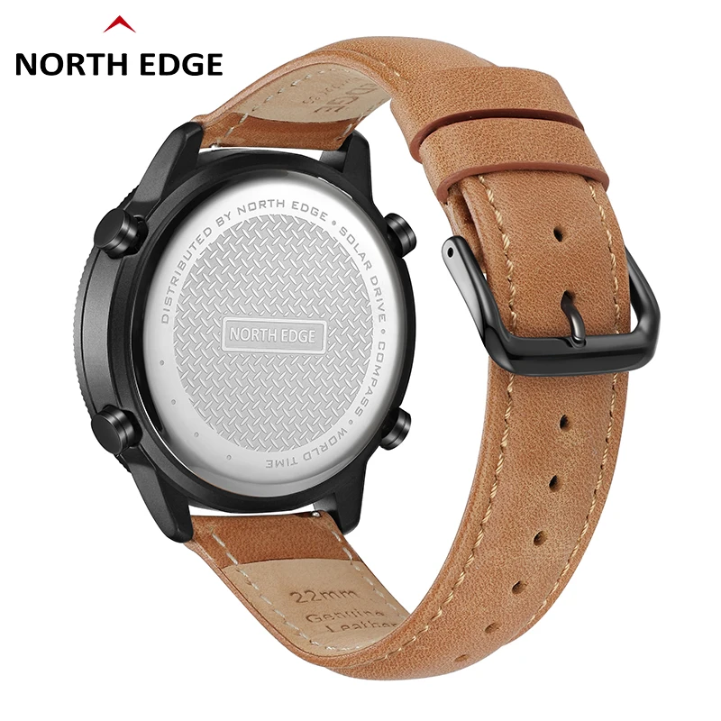 US $59.00 NORTH EDGE Solar Energy Men Digital Watch Mens Sports Watches Compass Cowhide Strap Alarm Clock Waterproof 15 Years Battery