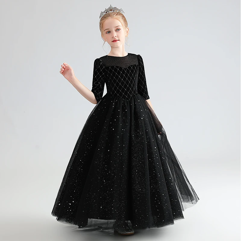 Dideyttawl vestido negro brillante de media manga para niñas, vestido de desfile de pana, vestidos de dama de honor Junior, vestido de flores para niñas, fiesta de cumpleaños