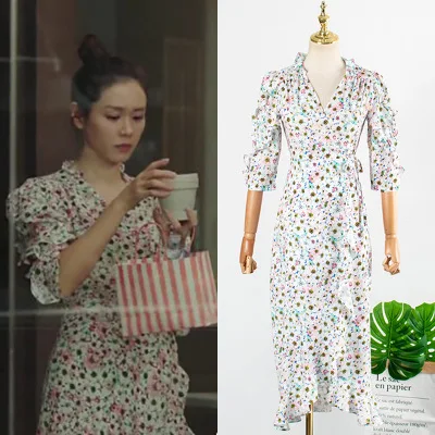 Платье в горошек с цветочным принтом Son Ye Jin юбка средней длины v-образным вырезом