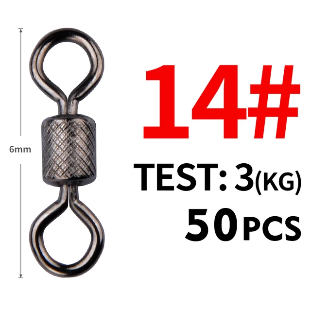 Meredith 50PCS/Lot Fishing Swivels Ball Bearing Swivel with Safety Snap Solid Rings Rolling Swivel for Carp Fishing Accessories Size14 6mm 3kg