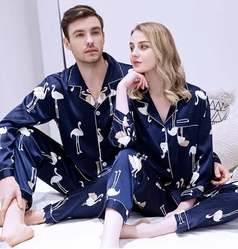 

Silky Shirt Pants Pajamas Couple Long Sleeve Bathrobe V-Neck Negligee Women Men Nightgown Lounge Sleepwear Pyjama Robe Homewear