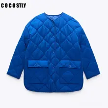 new ZA WOMAN 2021 autumn and winter coat women's parkas casual loose cotton-padded coat blue round neck cotton-padded coat trf
