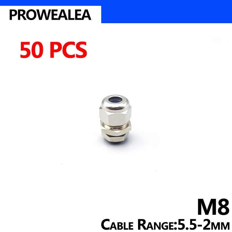 Metal Cable Gland 50pcs M8 IP68 Waterproof Brass Cable Gland Weatherproof Silicone Rubber Insert Type Fine Copper Joint