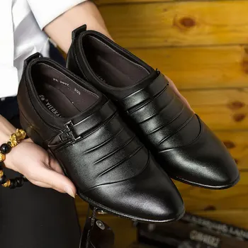 

New British Men's Slip On Split Leather Pointed Toe Men Dress Shoes Business Wedding Oxfords Formal Shoes For Male 2019 38-47