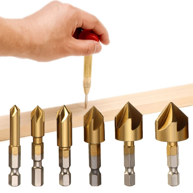 2PC Automatic Center Hole Punch Marker Scribe with Cushion Cap and 6PC Countersink Drill Bit 1/4 Hex Shank 6MM-19MM