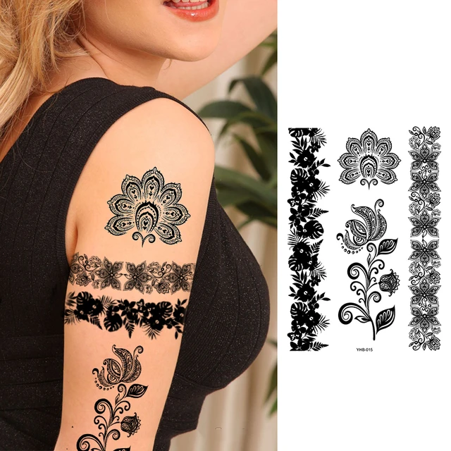 Pulseras negras con cadenas para tatuaje, pegatinas impermeables para  piernas, manos, brazos, flores falsas de transferencia