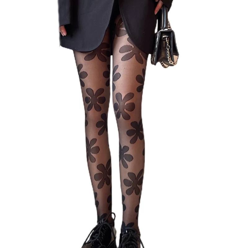 

2024 New Women Goth Punk Pantyhose Big Flower Patterned Lolita Sheer Tights Stockings