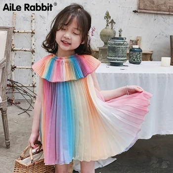 

2019 Children's Summer Dress New Girl Chiffon Dress Baby Rainbow Gradient Chiffon Folding Accordion Foreign Dress Boutique