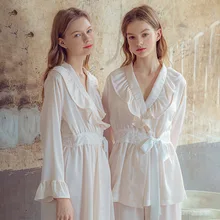 

Hanxiuju Satin Silk Pajamas Sets For Lady Spring Autumn Long Sleeve Bandage V-Neck Kimono Loose Nightwear