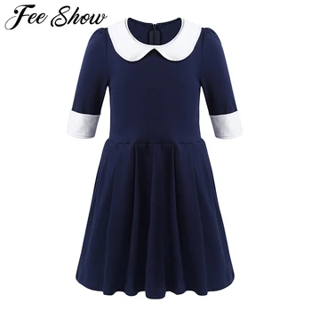 

3-8 Years Teen Girls School Party Casual Summer Dress Vintage Half Sleeves Doll Collar Flare Skater Princess Dress Kids Clothing