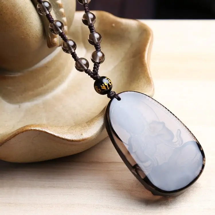 Natural Ice Obsidian Carved Buddha Lucky Amulet Smoky Quartz Pendant Necklace Smoke Crystal Women Men Jewelry Healing Reiki Gift 2