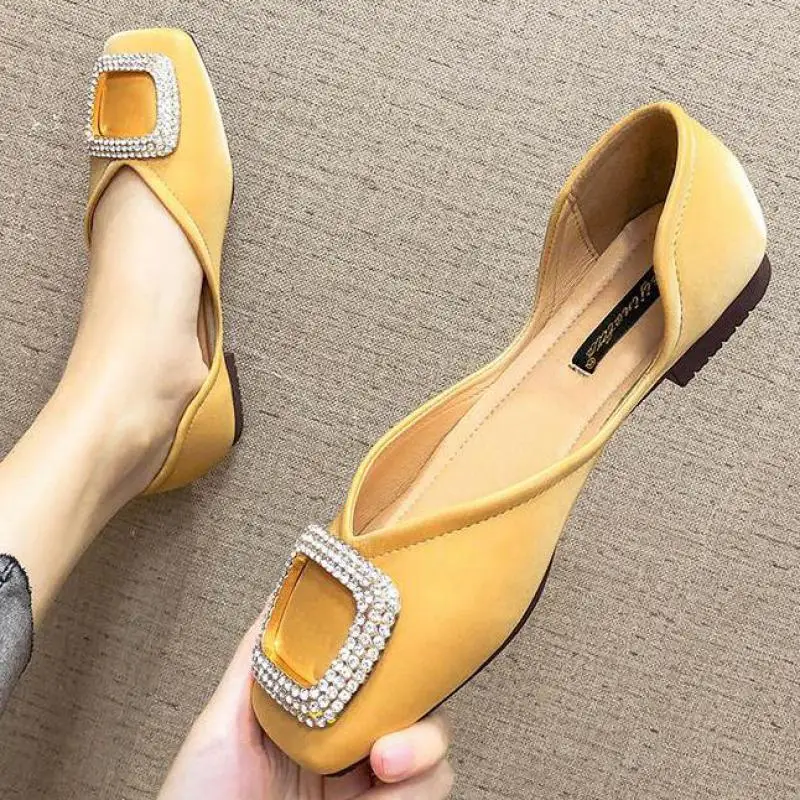

34~44 Women Crystal buckle Square Toe Flats Slip-on Ballet Shoes Loafers Lady Shallow Single Shoes Large Size Zapatillas Mujer