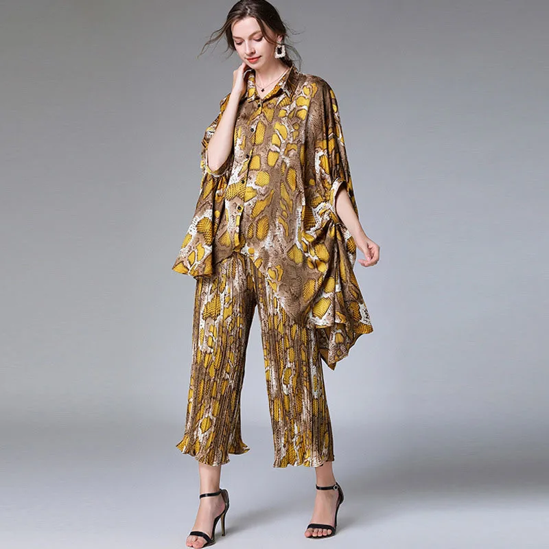 [DEAT] 2020 New Fashion Large Size XL-4XL Suit Women Over Size Loose Irregular Hem Lapel Elastic Wide Leg Pants Geometric AP649