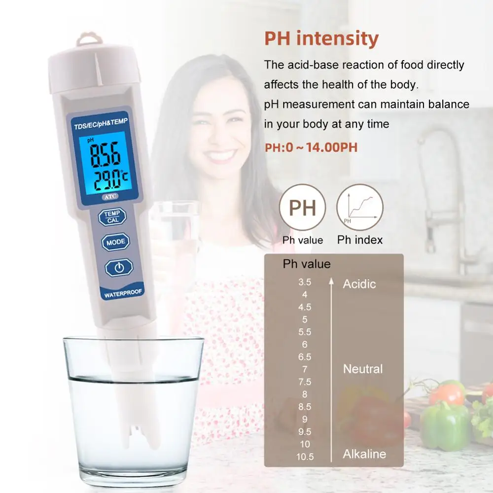 4 in 1 TDS PH Meter Digital Water Quality Monitor Tester For Pools Drinking Water Aquariums