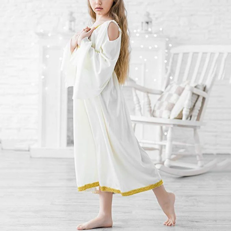 Cosplay Costume Kids Girls Dress Girls Greek Princess Church Celebration Praise Liturgical Dance Dress V-neckline Gold Trim Roman Cosplay Dance Party Costumes