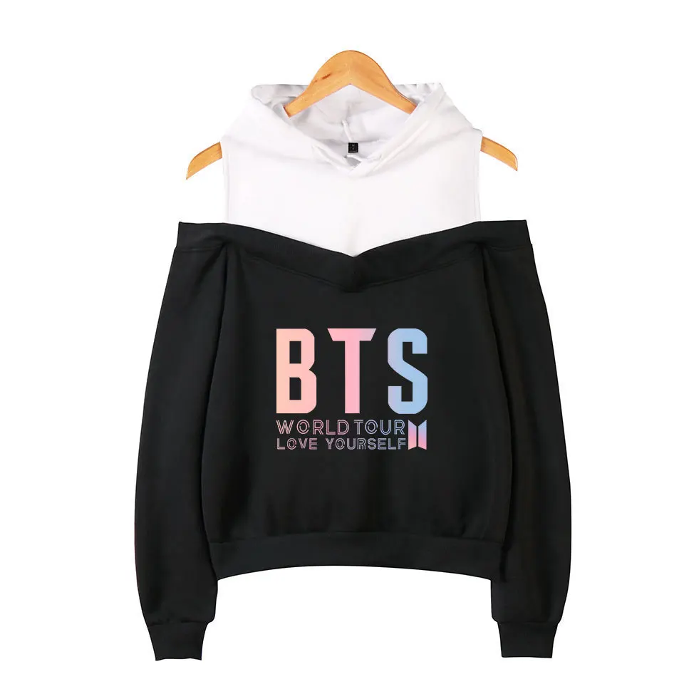 Goedkoop Cross Grens voor BTS Bulletproof Jongens Gerelateerde Producten Nieuwe Stijl LIEFDE Jezelf vrouwen off Shoulder Hoodie