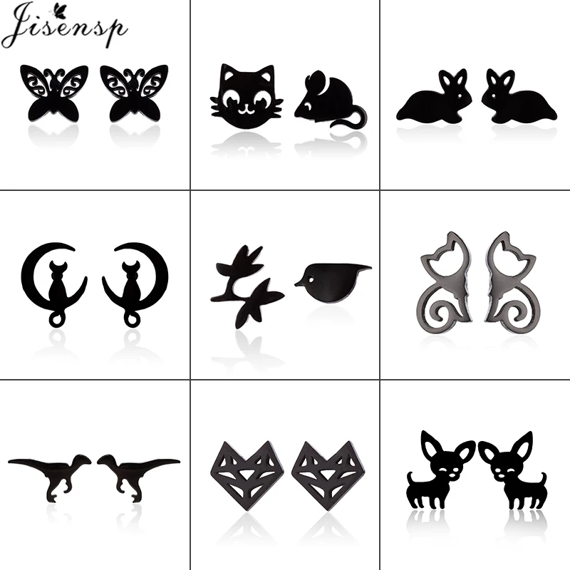 

Jisensp Cute Animal Stainless Steel Stud Earrings for Women Black Earings Small Cat Mouse Butterfly Earings Piercing Pendients