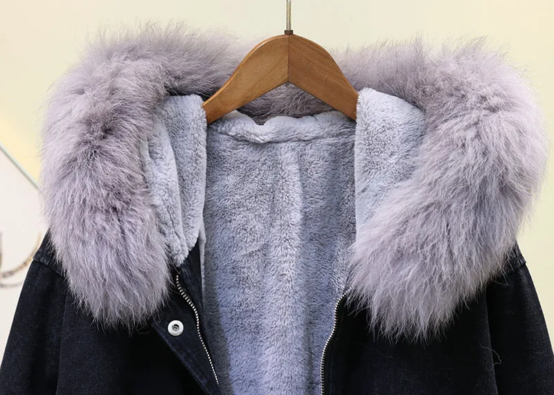 winter fox fur hooded faux fur lining denim jacket women coat casual modish Korean warm thicken black jeans jackets coats