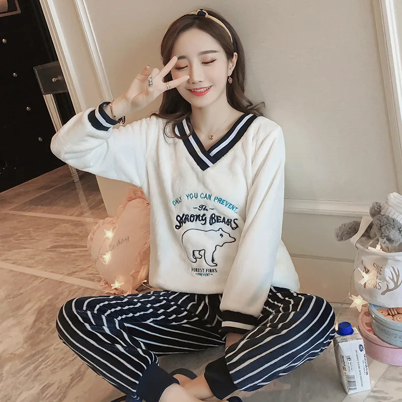 

Autumn And Winter New Style Pajamas Women's Flannel Thick Loose-Fit Plus-sized Warm V-neck Pullover Homewear Set