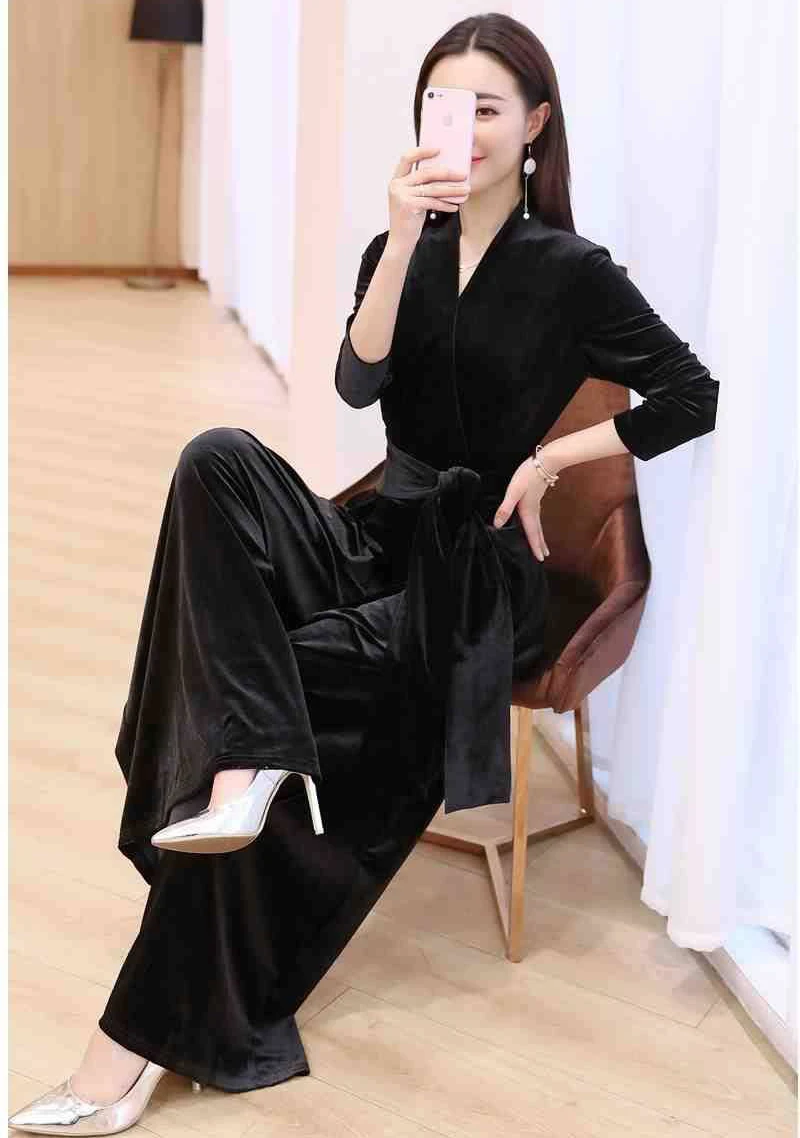 Элегантный женский комбинезон модный бархатный боди на шнуровке с длинными рукавами с высокой талией Комбинезон Широкие штаны длинные брюки офисный комбинезон