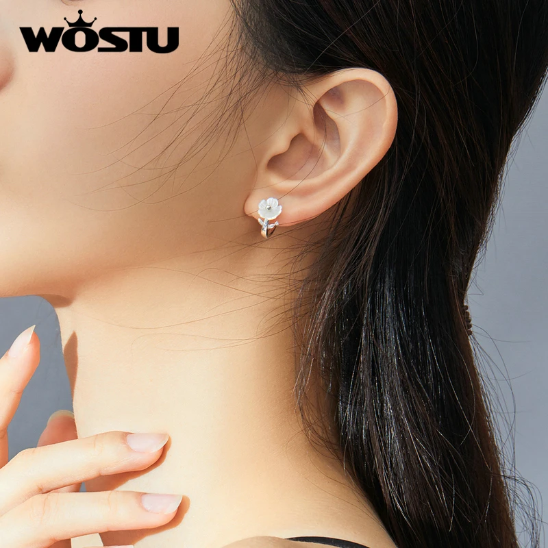 WOSTU, Новое поступление, настоящее 925 пробы, серебро, чистый цветок, серьги для женщин, чистые белые лепестки, цветение, серьги, ювелирное изделие, BSE321