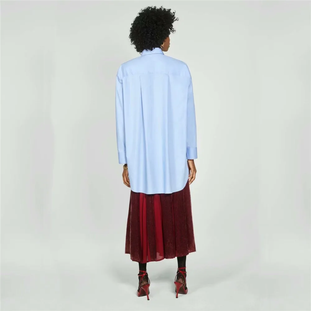 Ladyfirsy ZA блузка Рубашки для женщин синяя элегантная Офисная Женская однобортная свободная модная женская рубашка больших размеров