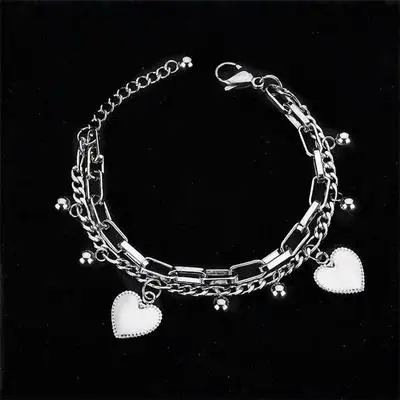 Heart Хип-хоп, милый панк, сердце, крест, серебряная бусина, многослойный браслет-цепочка, аксессуары для стрельбы, для женщин, девушек, уличная одежда, Ювелирное Украшение - Окраска металла: Heart