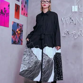 

#0754 Black White Button Front Shirt Dress Women Long Sleeved Lapel Collar Drawstring Waist Casual Midi Long Shirt Dress Tide