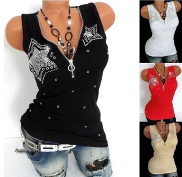 

Oversized Blouse 2020V Collar Diamond Sleeveless Solid Color Zip Shirt
