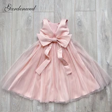 Gardenwed A-line Cute Pink Flower Girl Dresses Satin Bow Sashes Simple Prom Dress V-collar Tulle Sleeves Celebrity Dresses