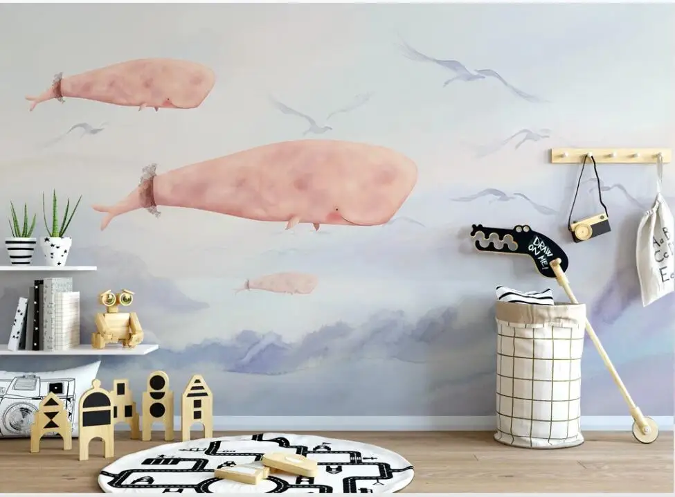 

XUE SU Large custom mural wallpaper hand-painted cartoon sky seaside whale background wall covering decorative painting