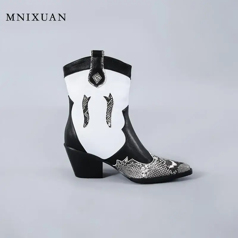 MNIXUAN/Модная женская обувь; ботинки в западном стиле; сезон осень-зима; ботильоны; Новинка года; ботинки со змеиным узором на высоком квадратном каблуке с острым носком; большие размеры 45