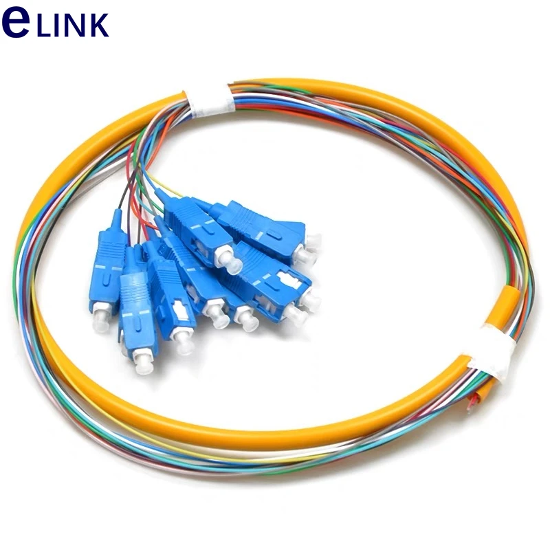 

12 colored SC fiber optic pigtail SM 1.5mtr with outer jacket 9/125um 0.9mm optical fibre cable ftth fanout factory supply ELINK